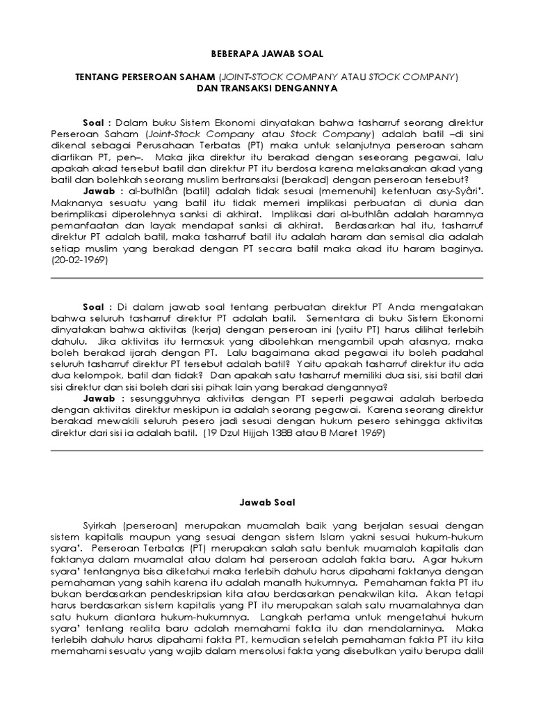 Beberapa Jawab Soal Tentang Perseroan Terbatas Terjemahan