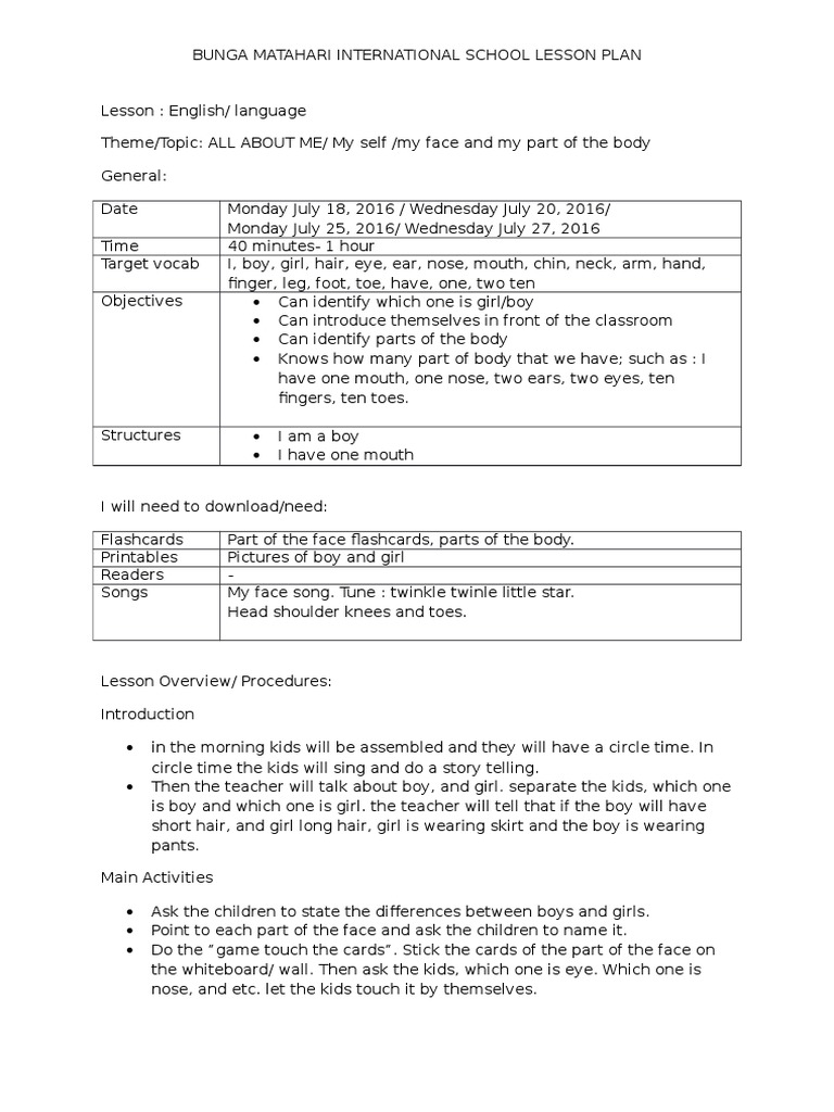 English Lesson Plan: All About Me | PDF | Lesson Plan | Teaching And ...