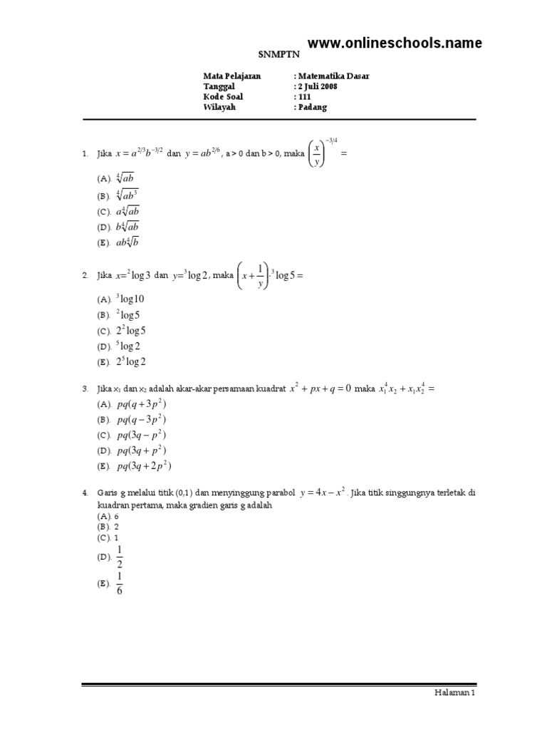 Soal Matematika Dasar Snmptn 2008 111