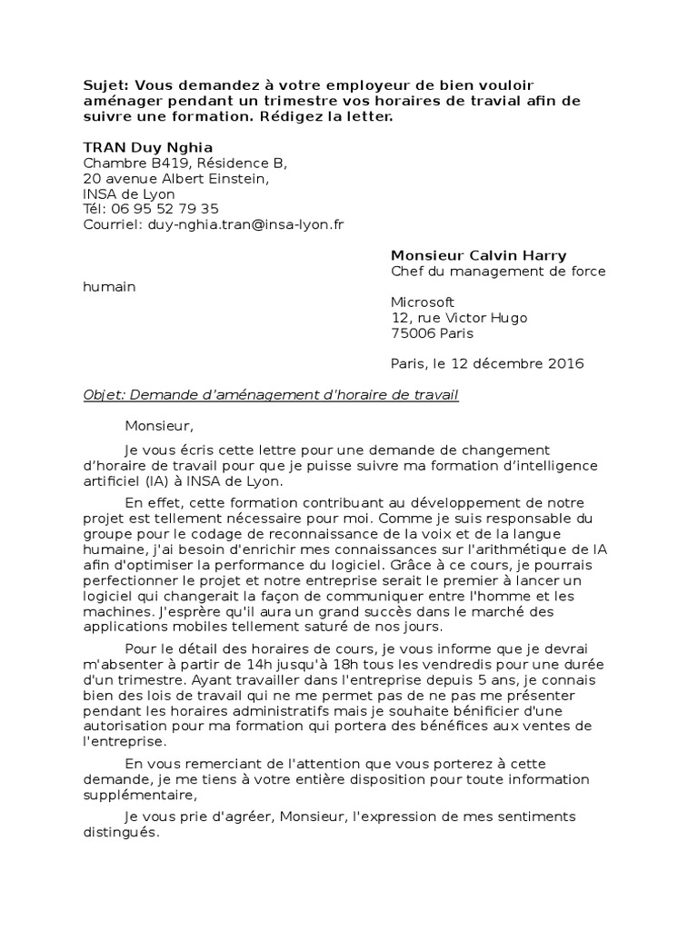 Lettre de Demande D'aménager D'horaire de Travail | PDF