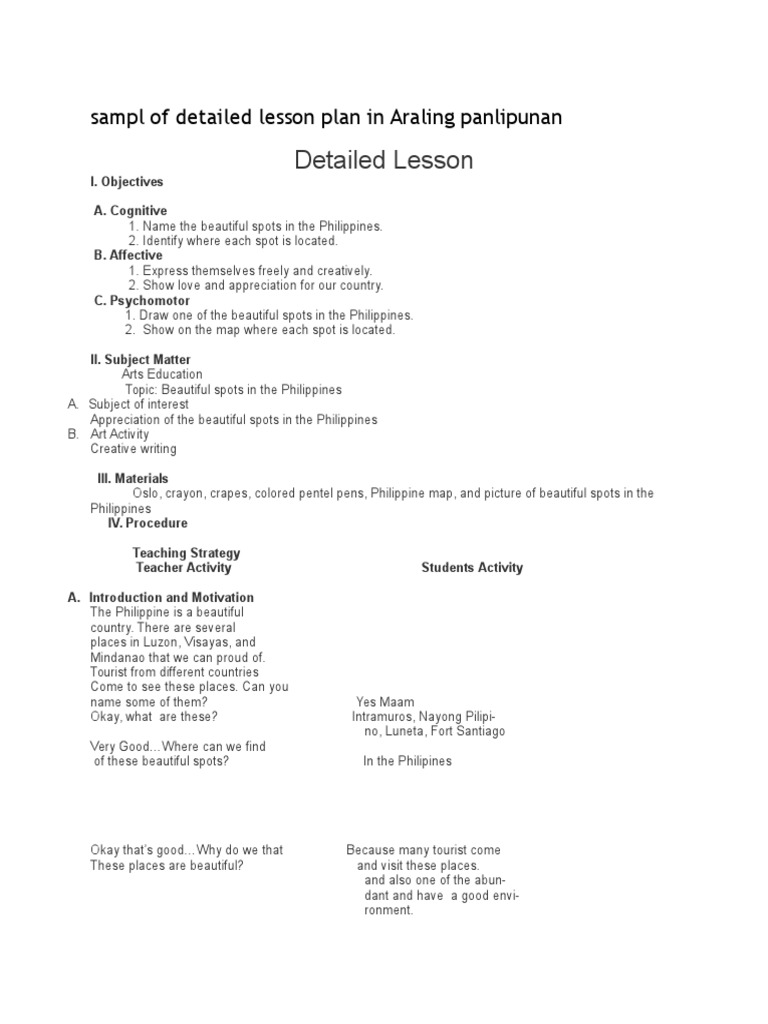 Sampl Of Detailed Lesson Plan In Araling Panlipunan Lesson Plan