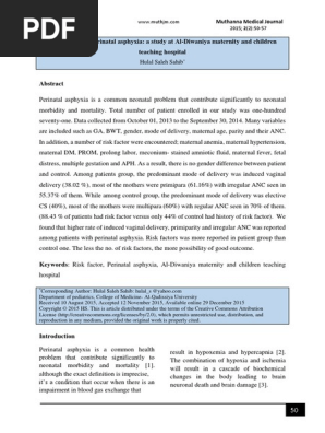 Risk Factors Of Perinatal Asphyxia A Study At Al Diwaniya - 