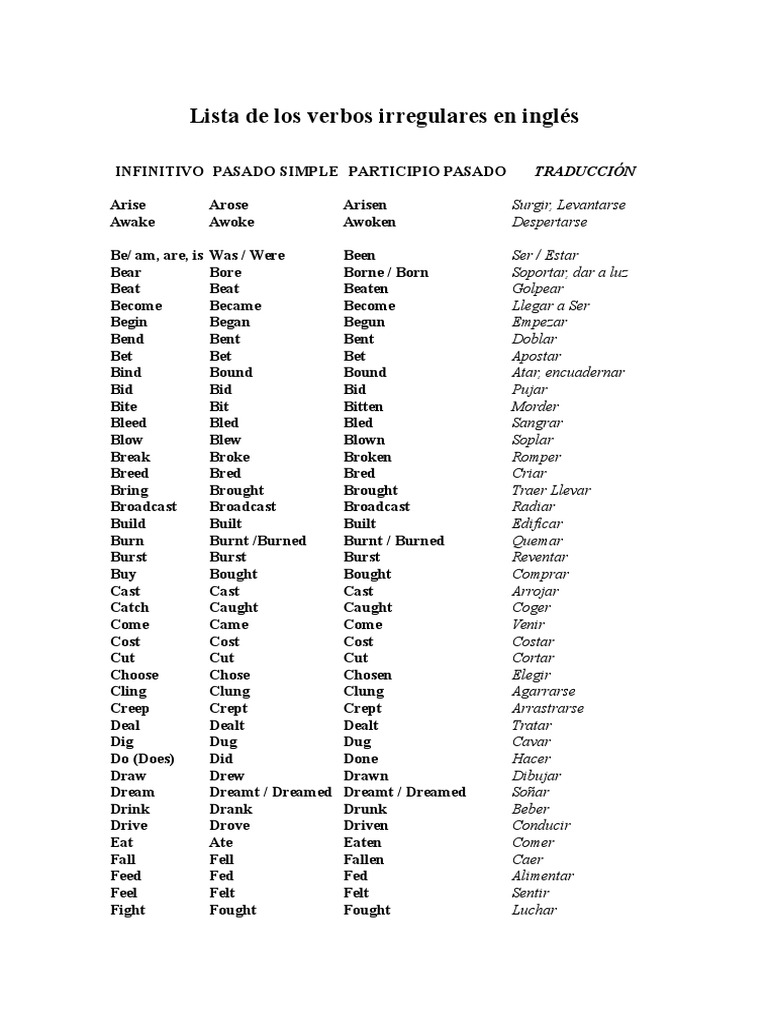 Lista de Los Verbos Irregulares en Inglés | PDF