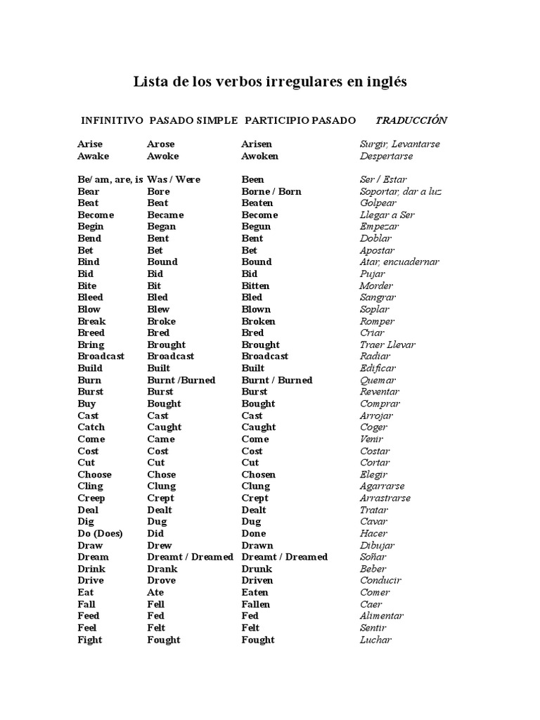 Columna De Verbos Ingles Lista de Los Verbos Irregulares en Inglés | PDF