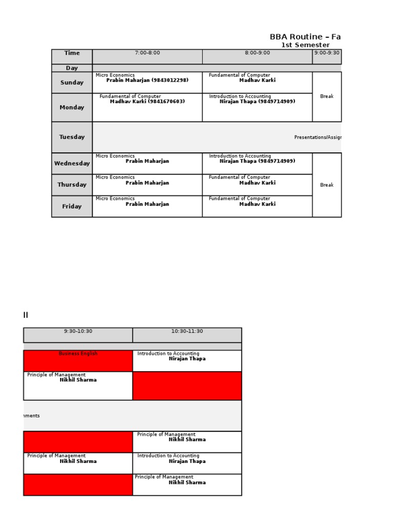 BBA Fall Semester Class Schedule | PDF