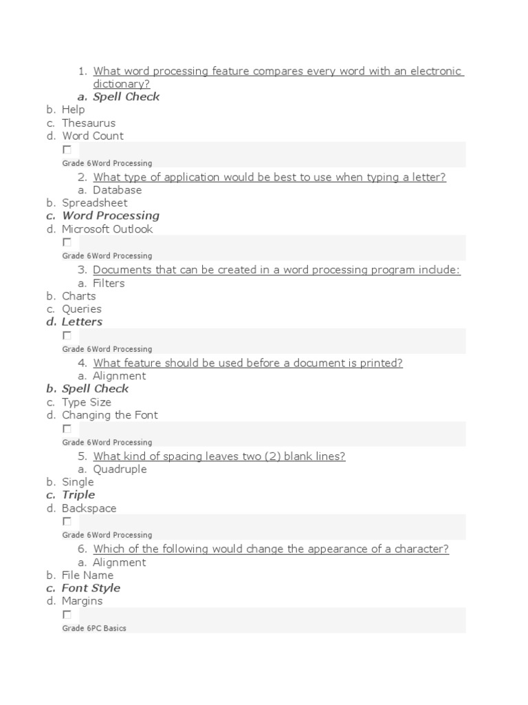 Grade 6 ICT Word Processing Quiz | PDF | Word Processor | Computer File