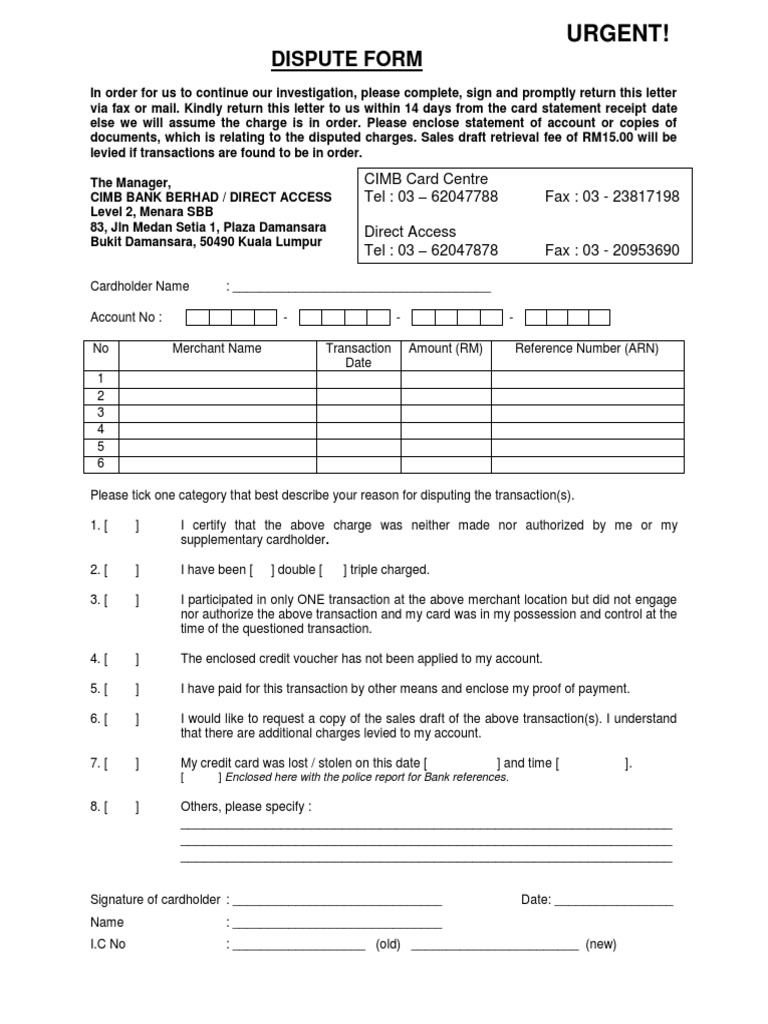 Credit Card Dispute Form PDF