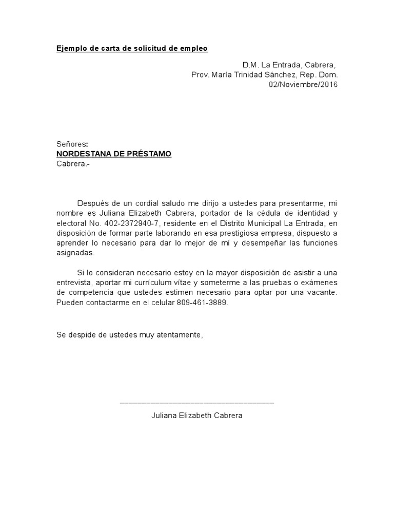 Ejemplo De Carta De Solicitud De Empleo República Dominicana