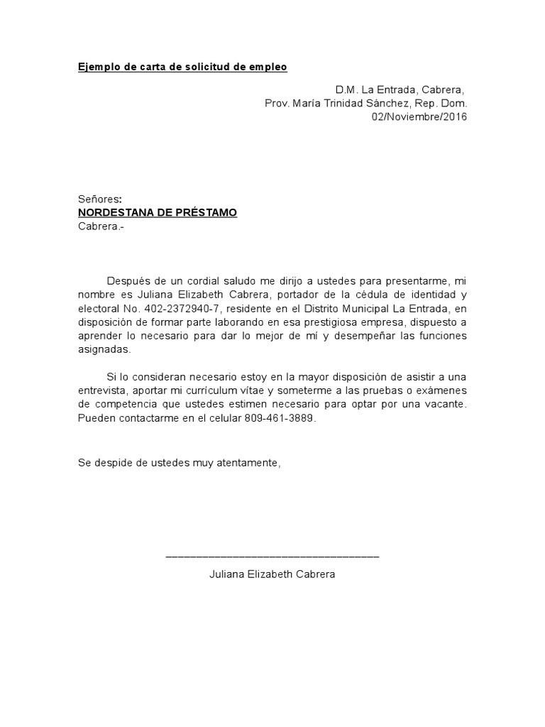 Ejemplo De Carta De Solicitud De Empleo Republica Dominicana