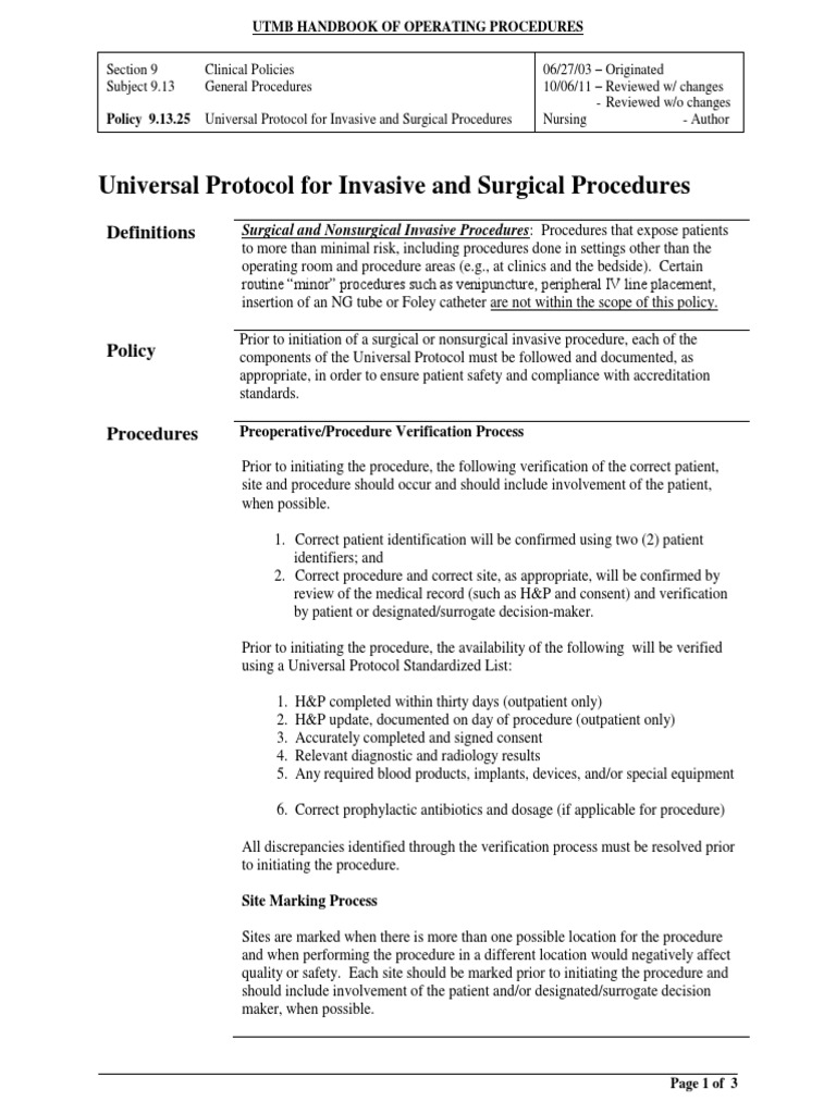 Universal Protocol for Surgical Procedures | PDF | Surgery | Patient