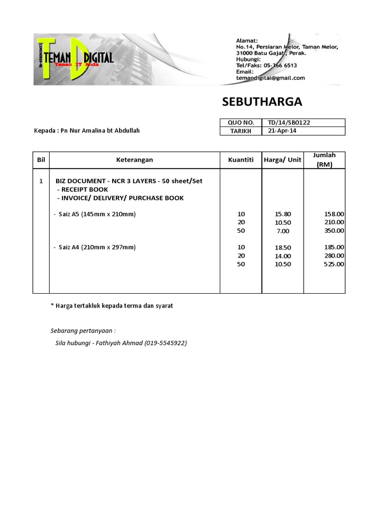 Sample Sebutharga Pdf
