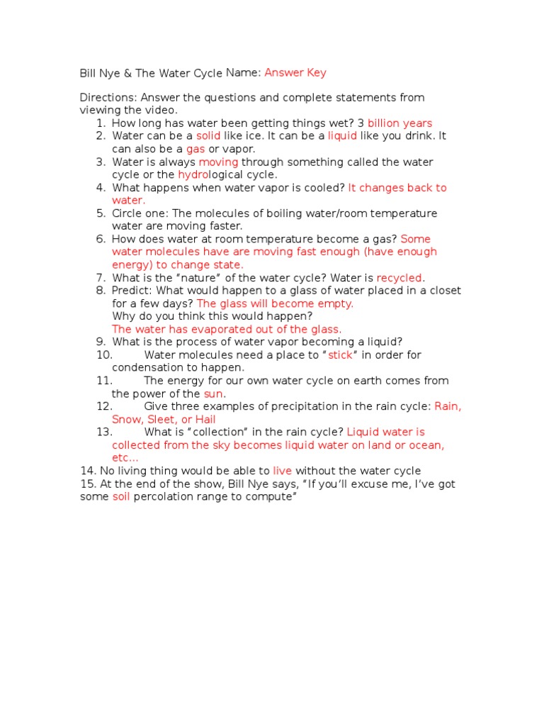 Bill Nye Worksheet Video Answers  PDF For Bill Nye Water Cycle Worksheet