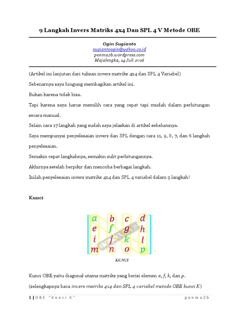 9 Langkah Invers Matriks 4x4 Dan SPL 4 Variabel Metode OBE