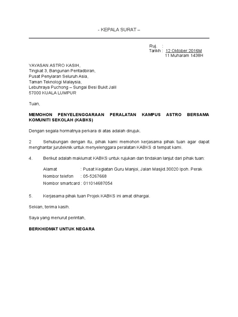 Contoh Surat Rasmi Ke Astro