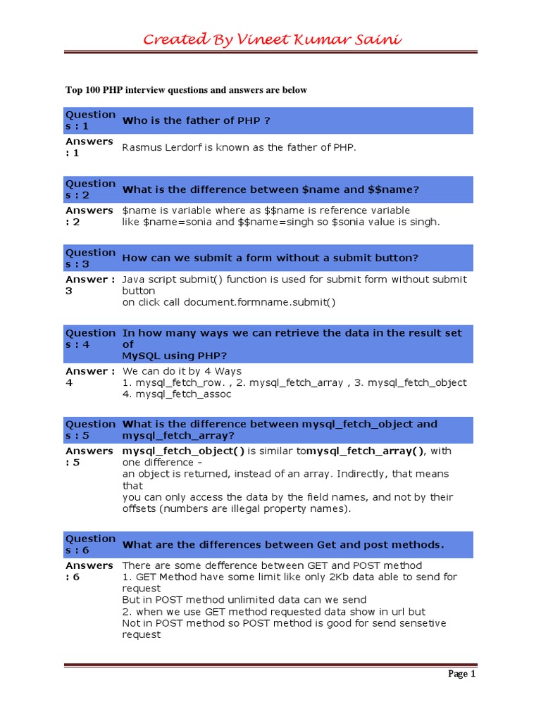 Top 100 PHP Interview Questions and Answers Are Below PDF | PDF | Php ...