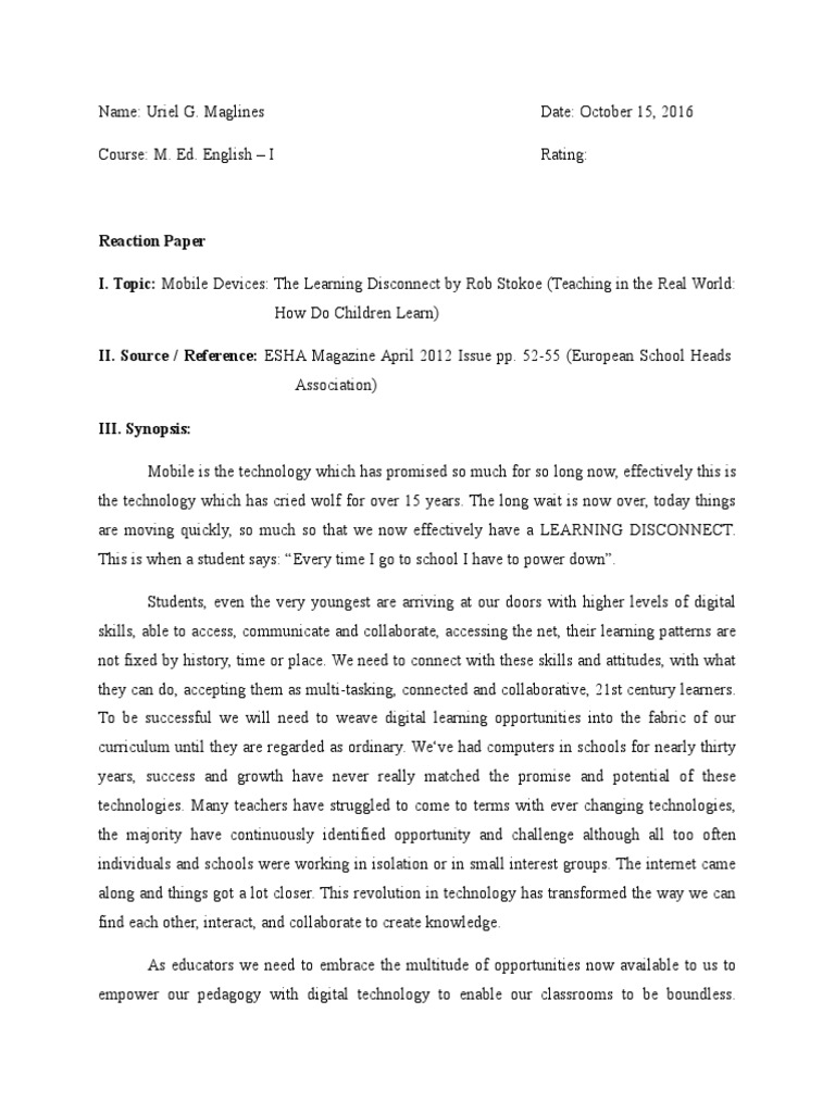 Reaction Paper on Mobile Devices Digital & Social Media Social Media