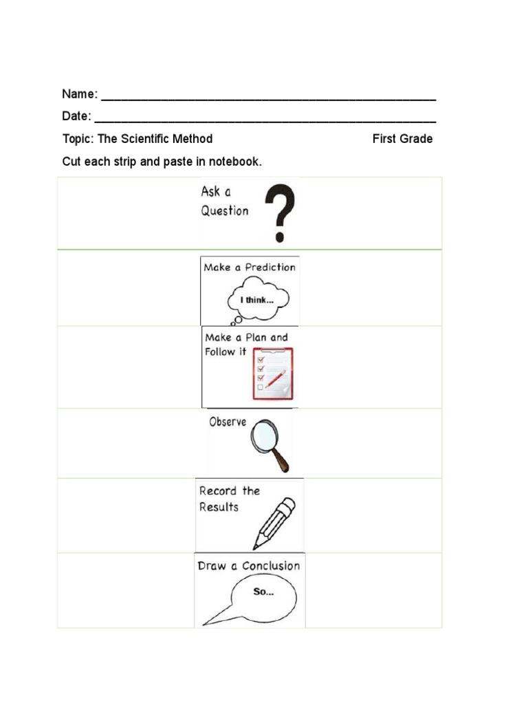 Name: - Date: - Topic: The Scientific Method First Grade Cut Each Strip ...