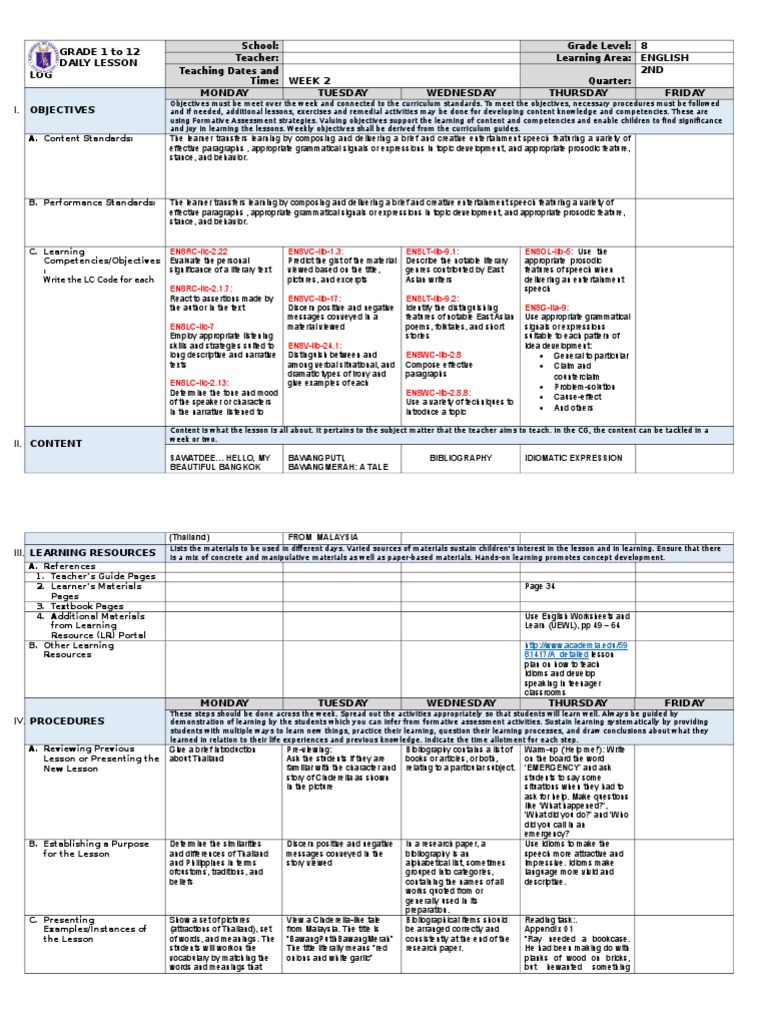 English 8 DLL Week 2 Overview | PDF | Competence (Human Resources ...