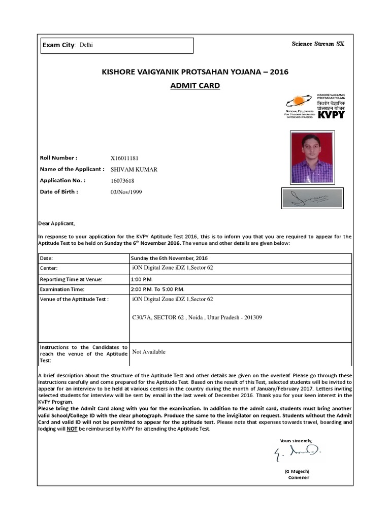 Admit Card Kvpy Test Assessment Multiple Choice