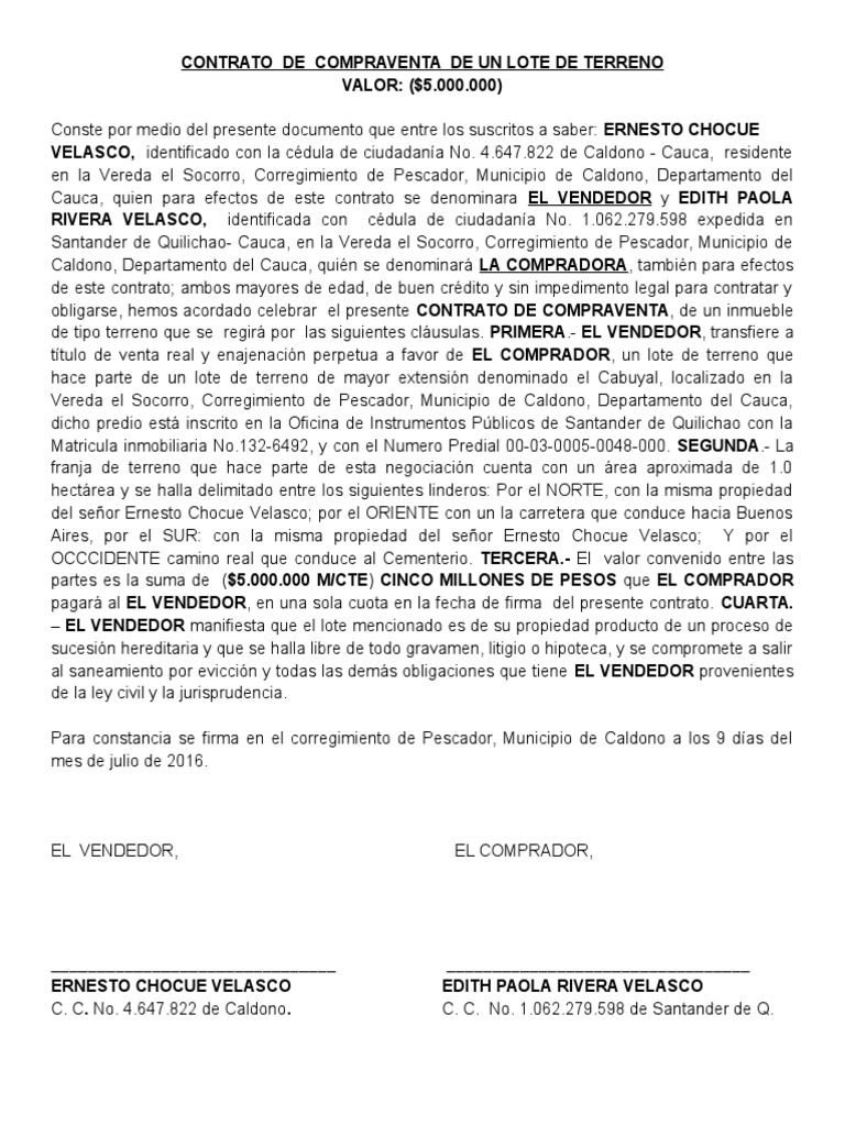 Modelo Contrato De Compraventa De Inmueble Virtud Ley Común