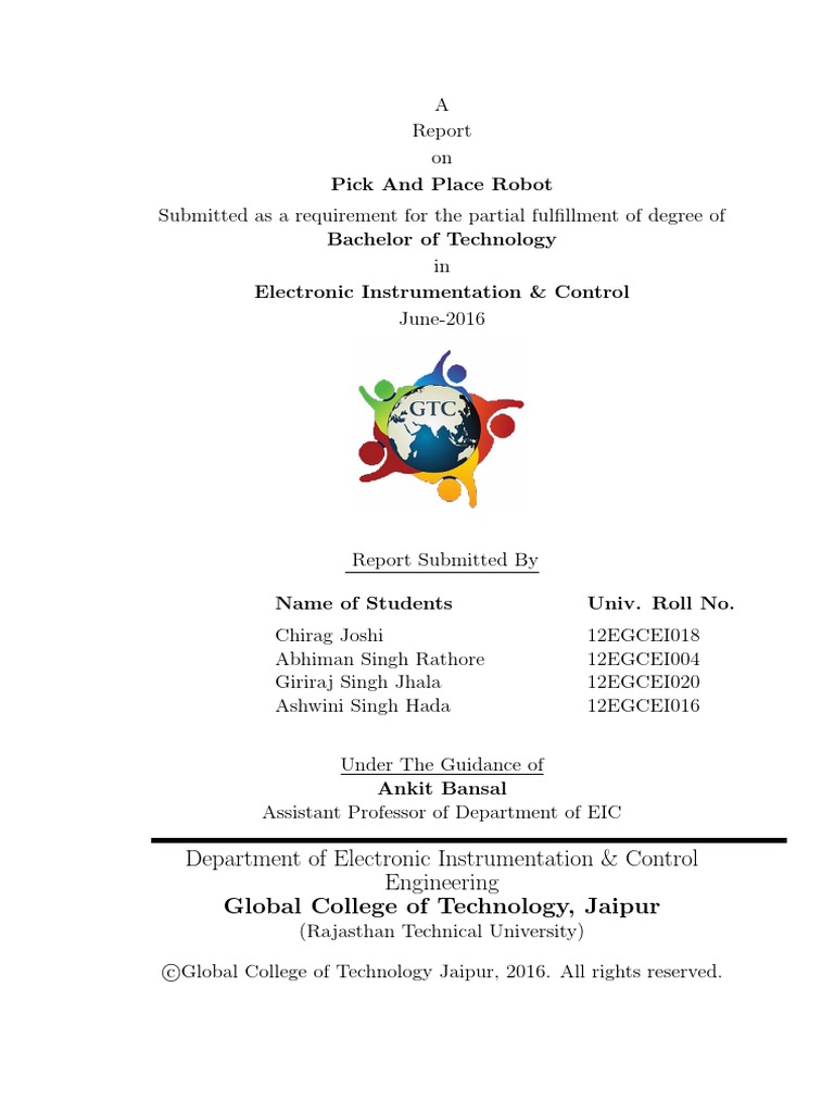 pick and place robot project documentation pdf