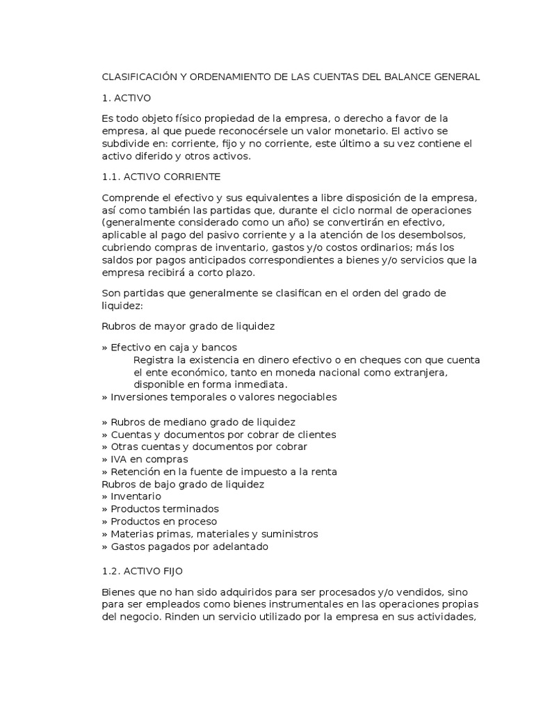 Clasificación y Orden del Balance General | PDF | Compartir (Finanzas ...