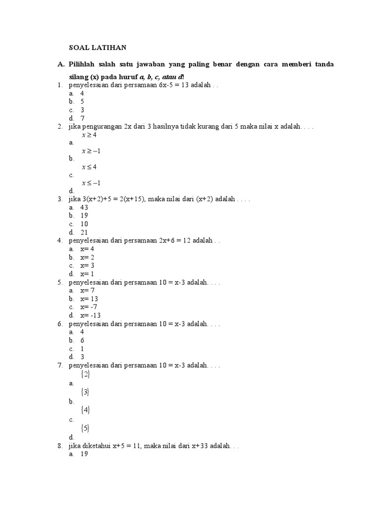 Soal Latihan Persamaan Linear Kelas 10 | PDF