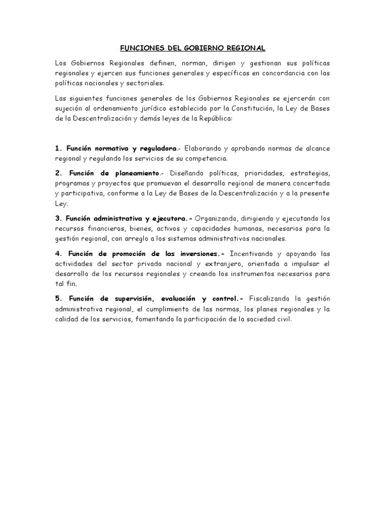 Funciones Clave de los Gobiernos Regionales | PDF | Gobierno ...