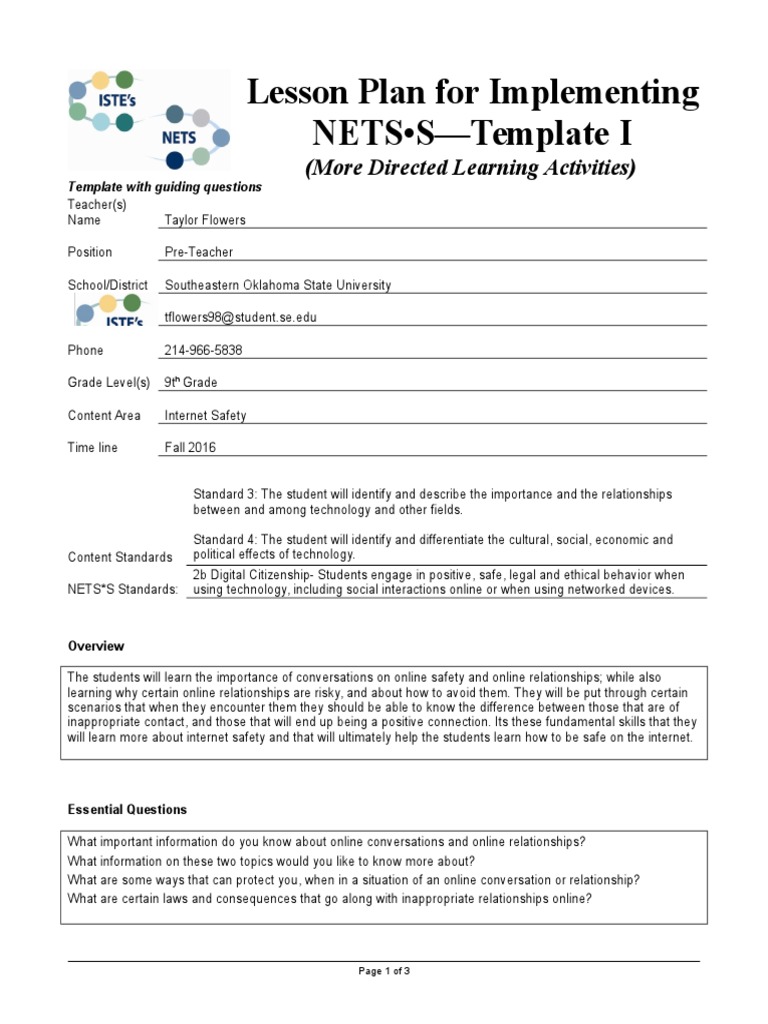 Internet Safety Lesson Plan for 9th Grade | PDF | Internet | Lesson Plan