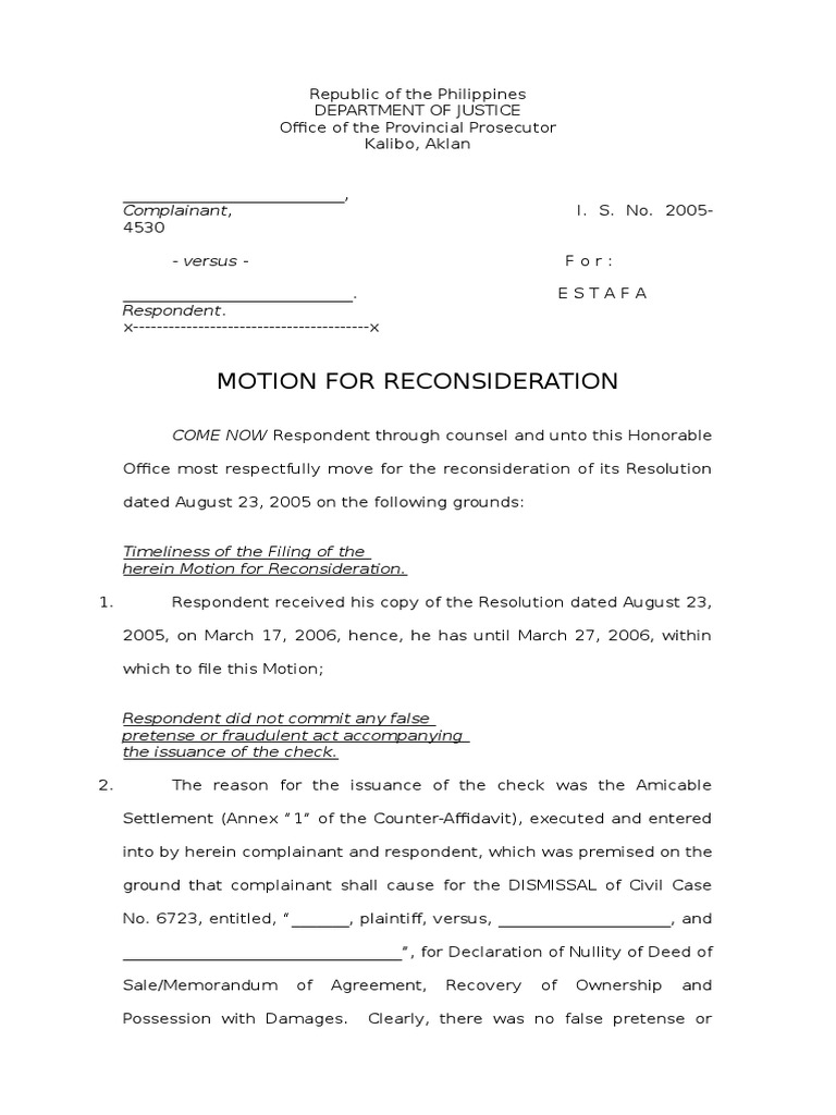 Motion for Reconsideration Sample Philippines | PDF | Lawsuit | Public Law