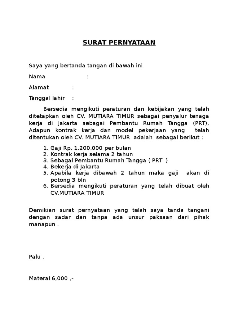 Surat Pernyataan Cv Mutiara Timur Prt