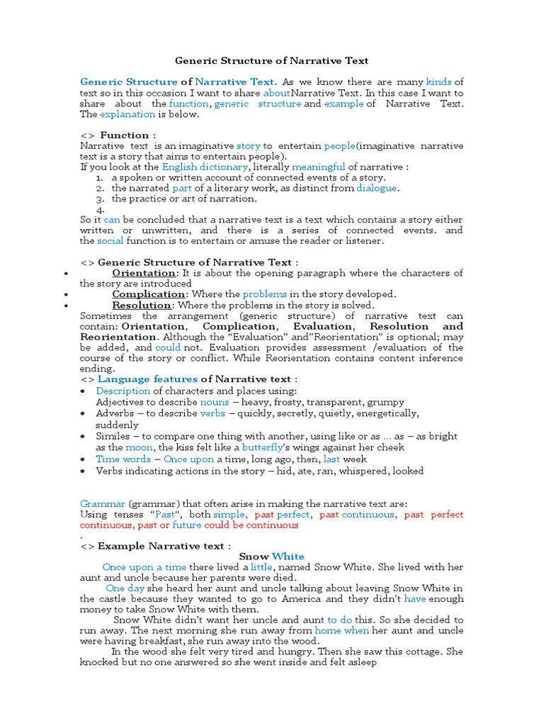 Generic Structure Of Narrative Text Narrative Snow White