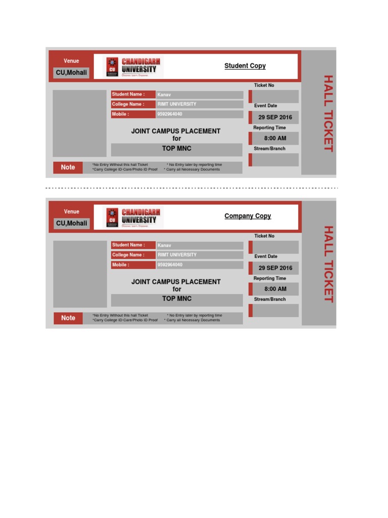 Joint Campus Placement Hall Ticket | PDF