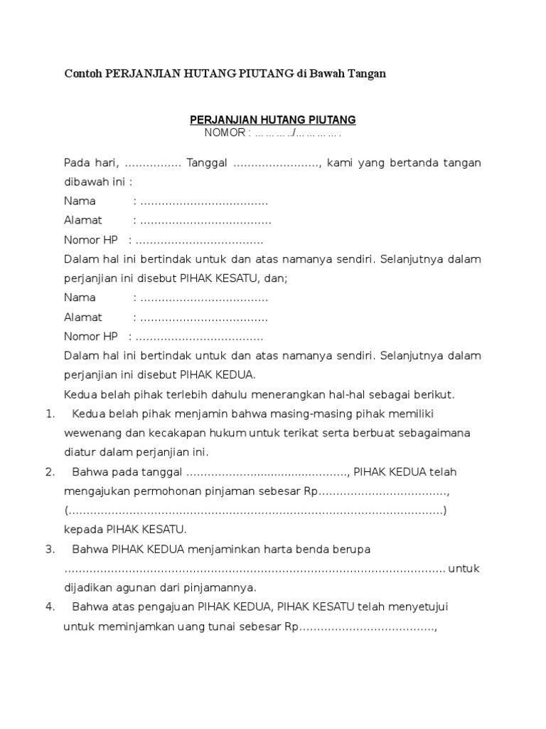 Contoh Perjanjian Hutang Piutang - Mosaicone
