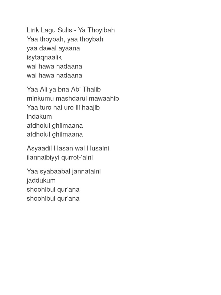 Lirik Lagu Sulis Ya Thoybah