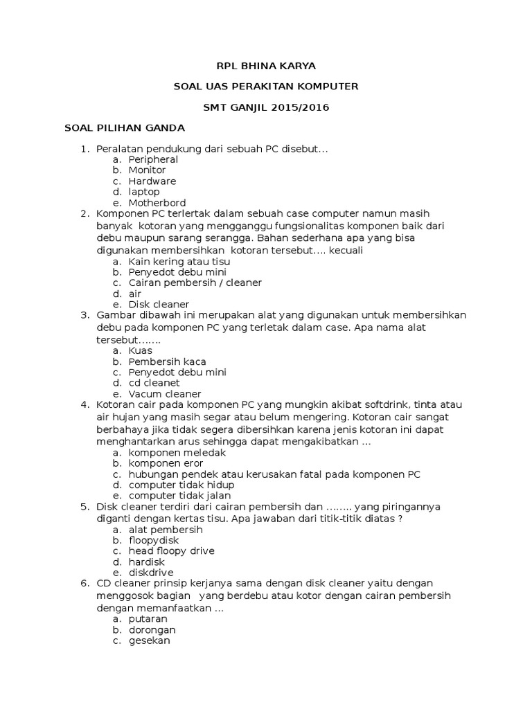 Soal Perakitan Komputer Kelas 10