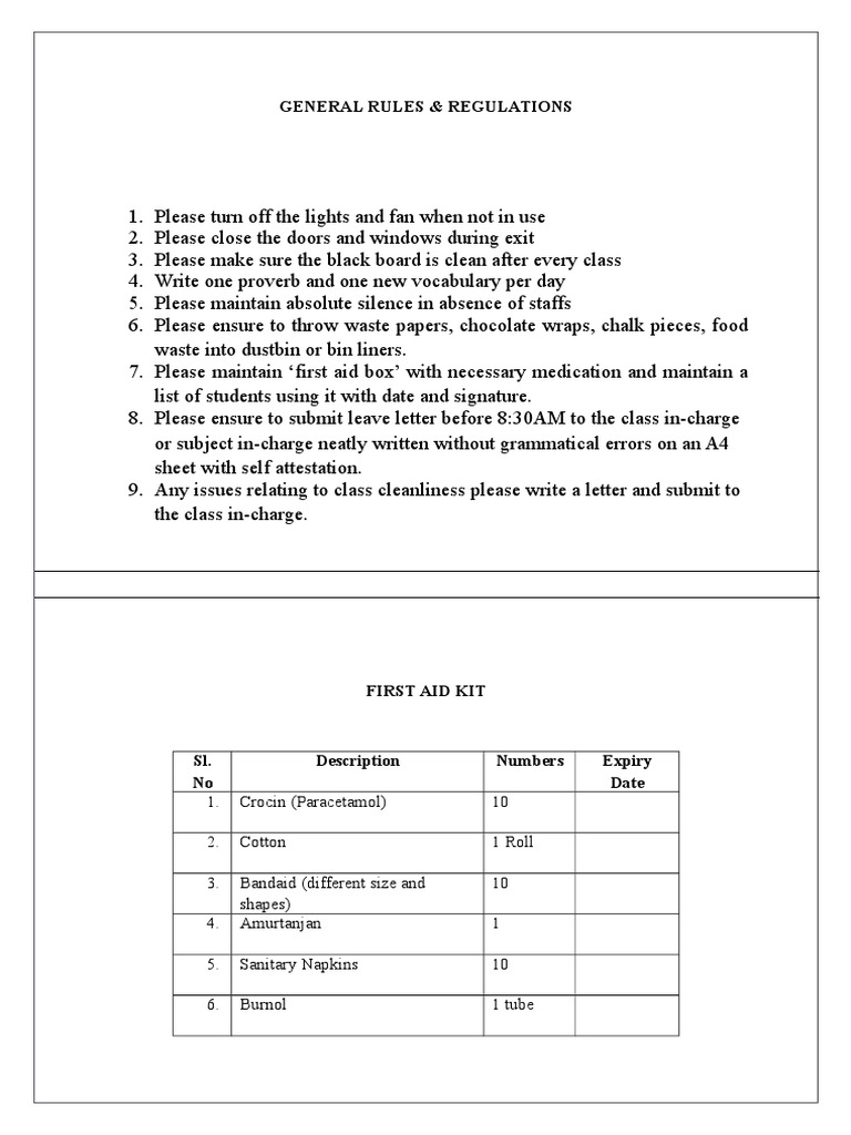 Classroom Rules and First Aid Guidelines | PDF