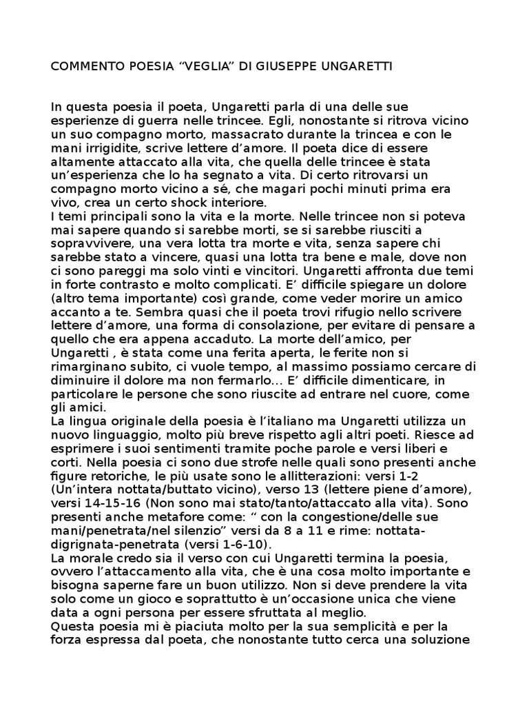 Commento Poesia Veglia Di Giuseppe Ungaretti
