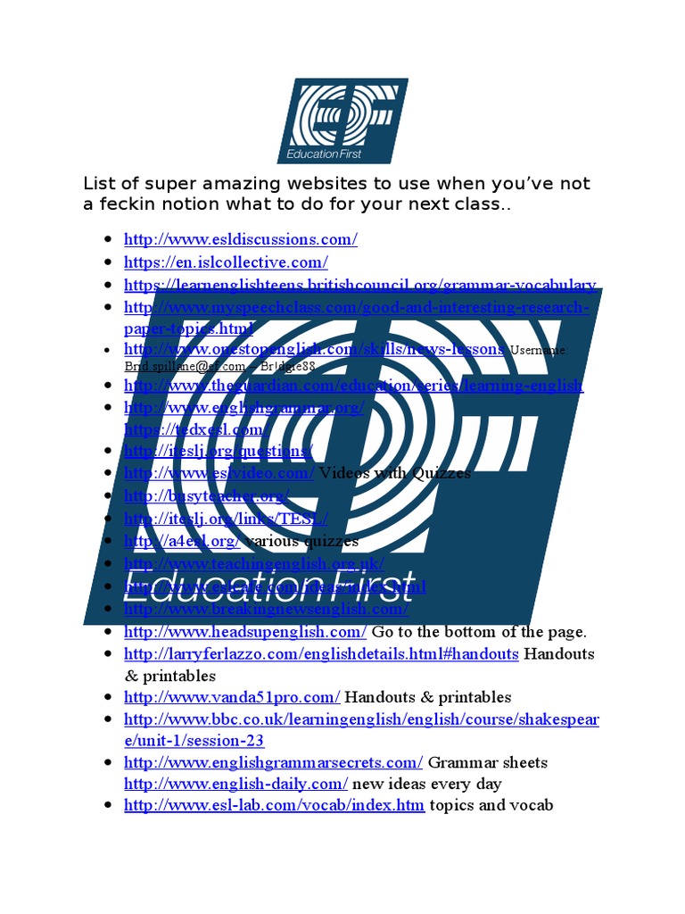 Amazing sites for English Language Learners PDF
