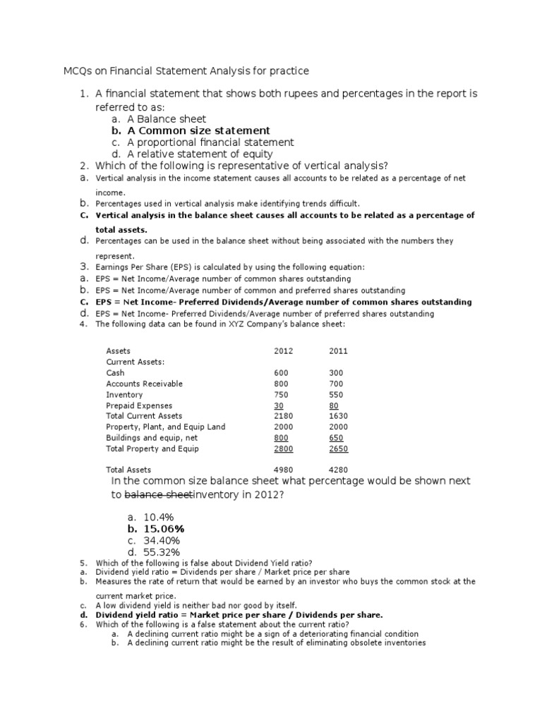 MCQs On Financial Statement Analysis For Practice With Key