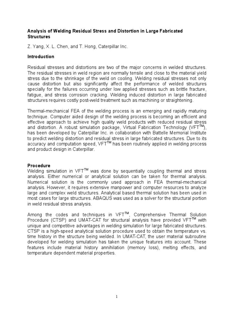 Analysis of Welding Residual Stress and Distortion in Large Fabricated ...