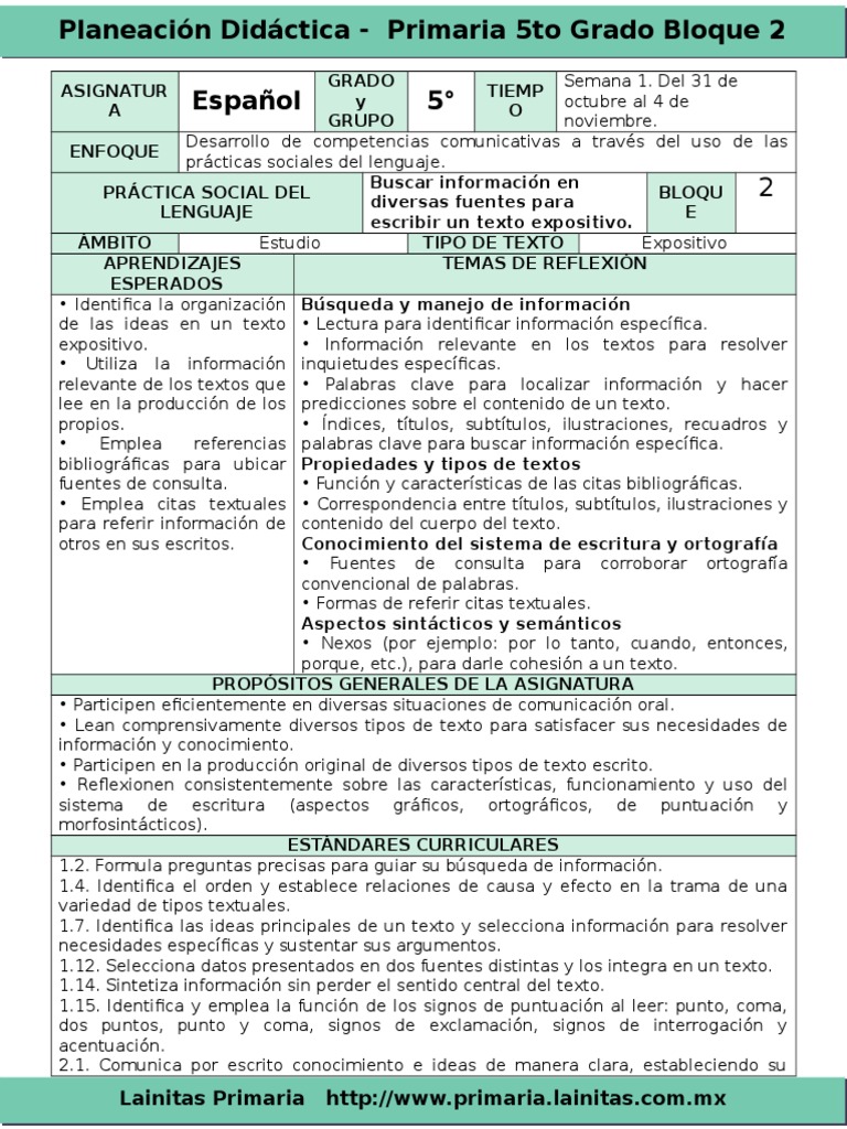 Plan 5to Grado Bloque 2 Español (20162017) Información Lectura