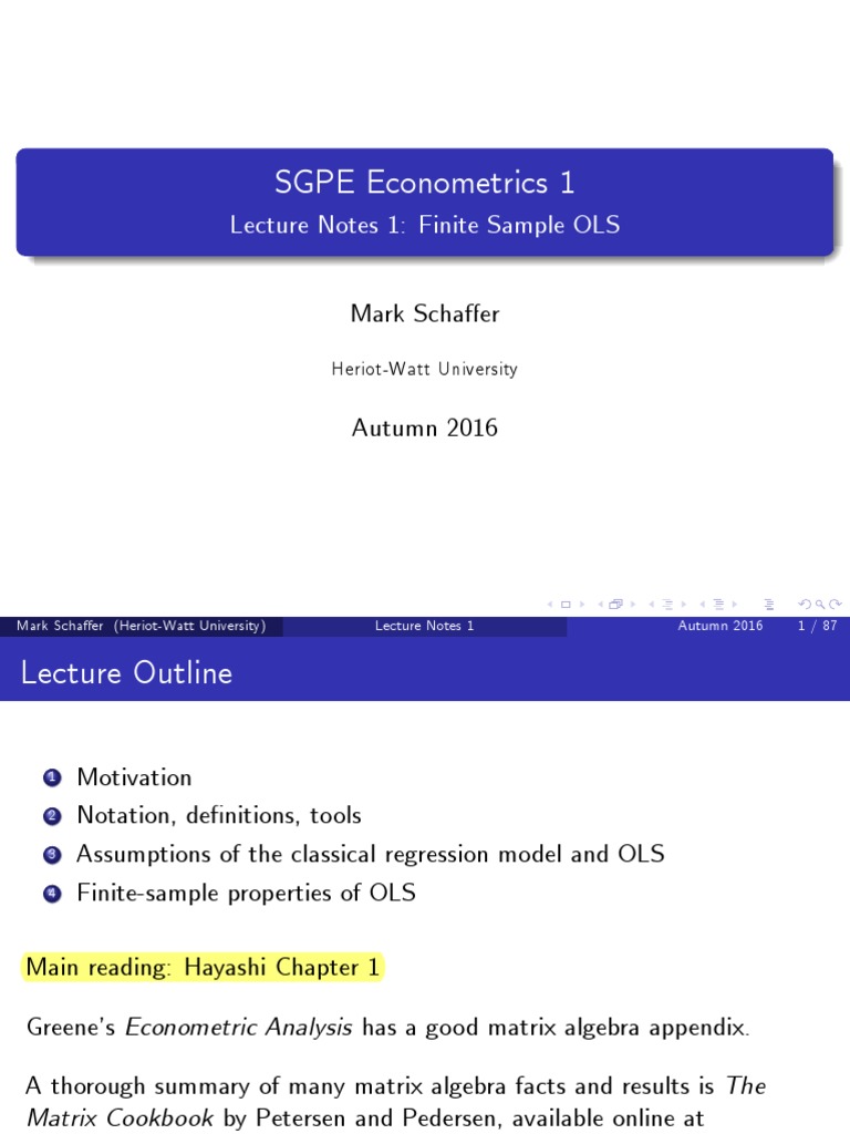 Finite Sample OLS Lecture Notes | PDF | Ordinary Least Squares | Estimator