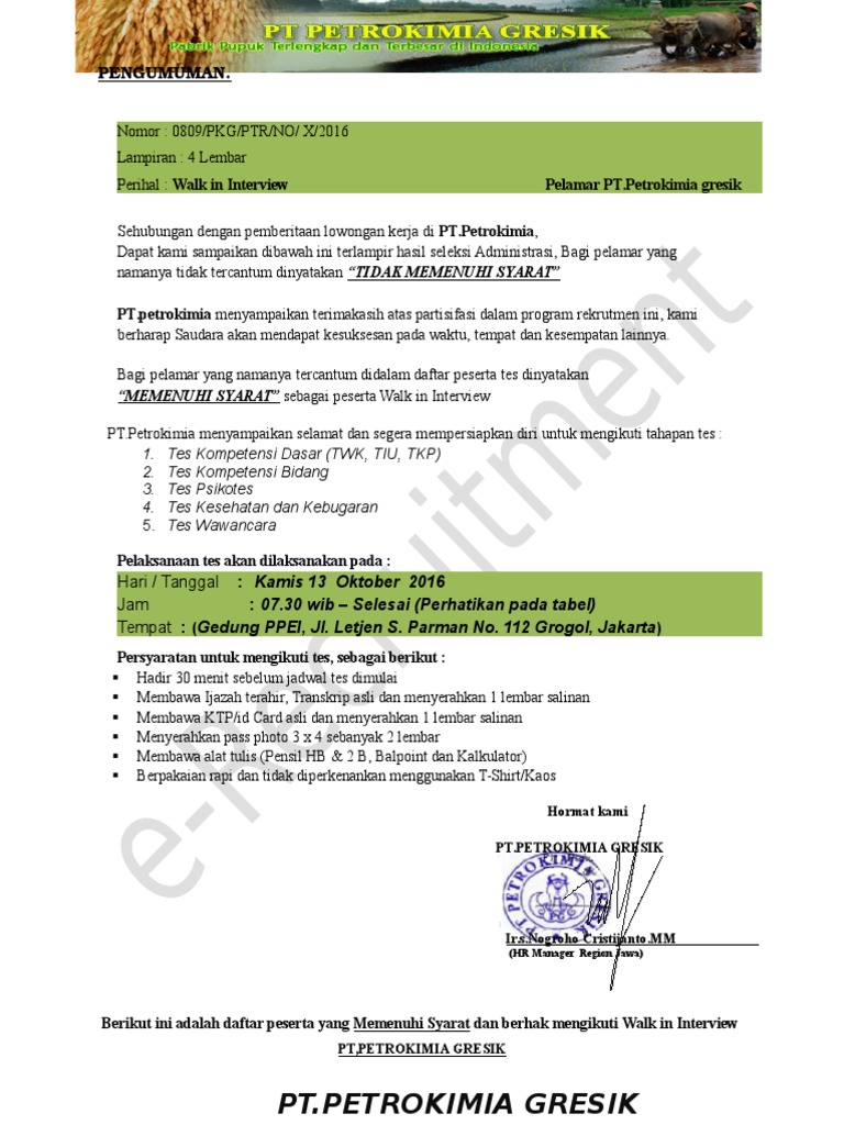 Surat Panggilan Tesk Pt Petrokimia Gresik