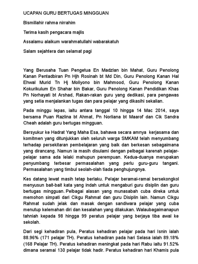 Ucapan Guru Bertugas Mingguan Kali Ke 1 2014 Pdf