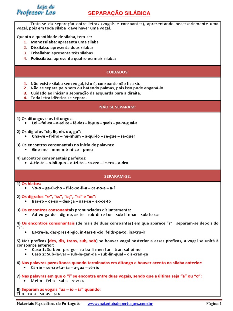 Separação Silábica | Download grátis PDF | Vogal | Sílaba