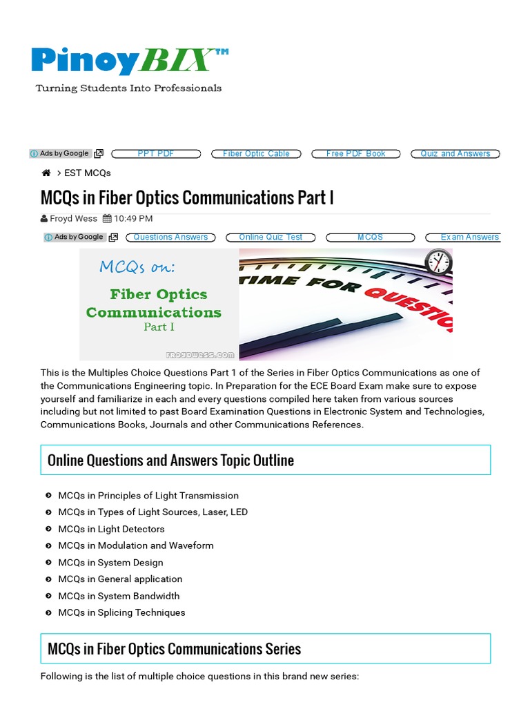 Fiber Optics MCQs for ECE Exam Prep | PDF | Laser | Dispersion (Optics)