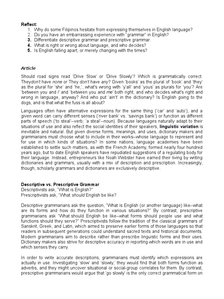 Prescriptive Vs Descriptive Grammar Linguistics English Language