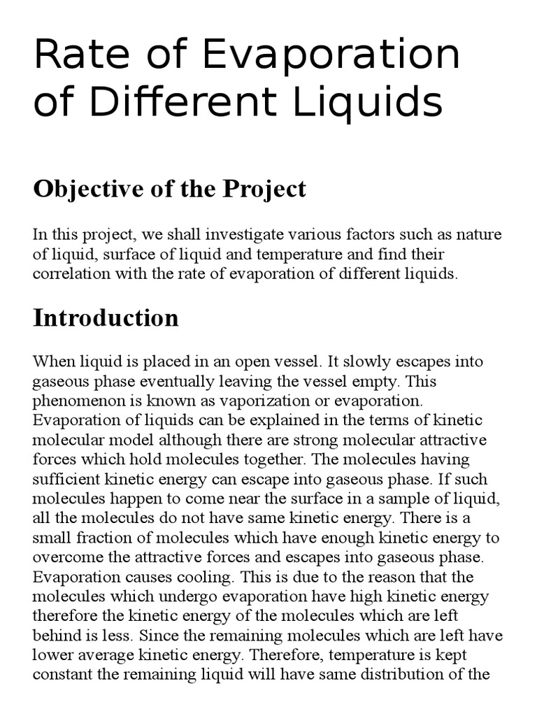Rate of Evaporation of Different Liquids Evaporation Applied And