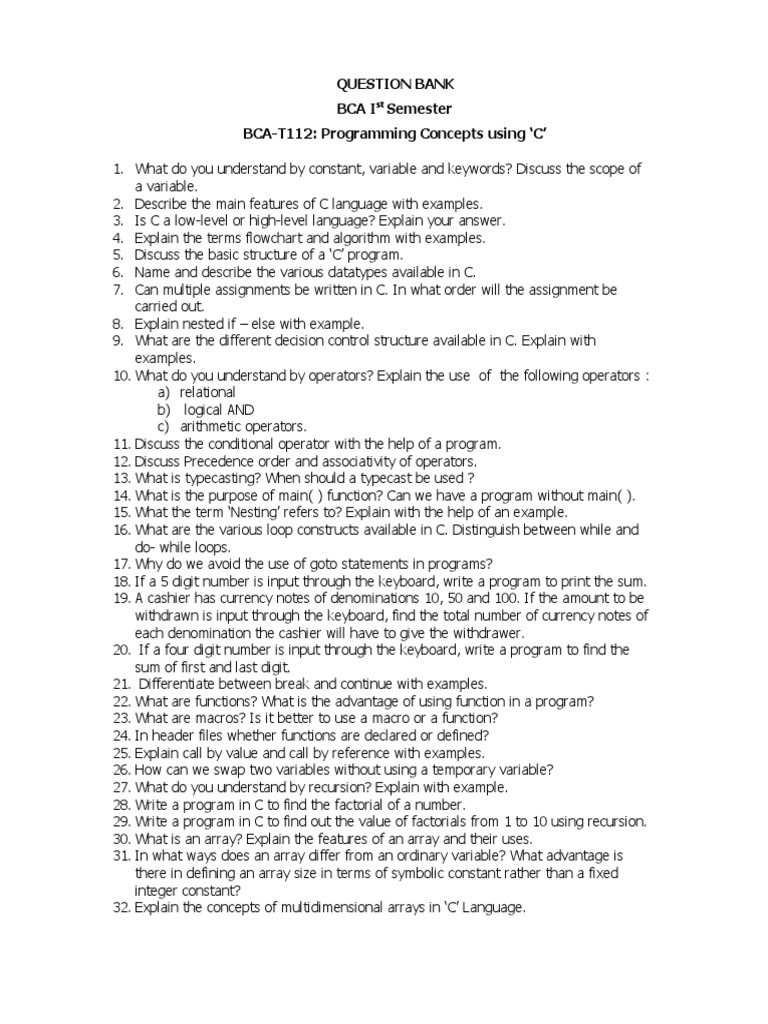 BCA T112C Language Question Bank | PDF | C (Programming Language ...